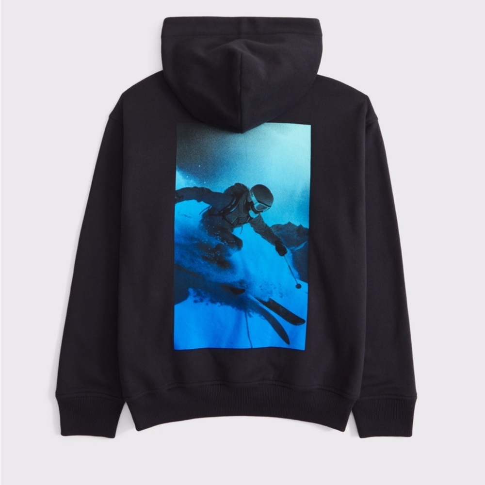 Abercrombie kids Black Hoodie with Blue Skiing Graphic